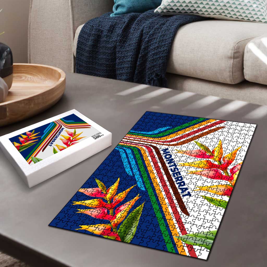 Montserrat Puzzle with Heliconia Flower Illustration Colorful Retro Stripe Design - Wonder Print Shop