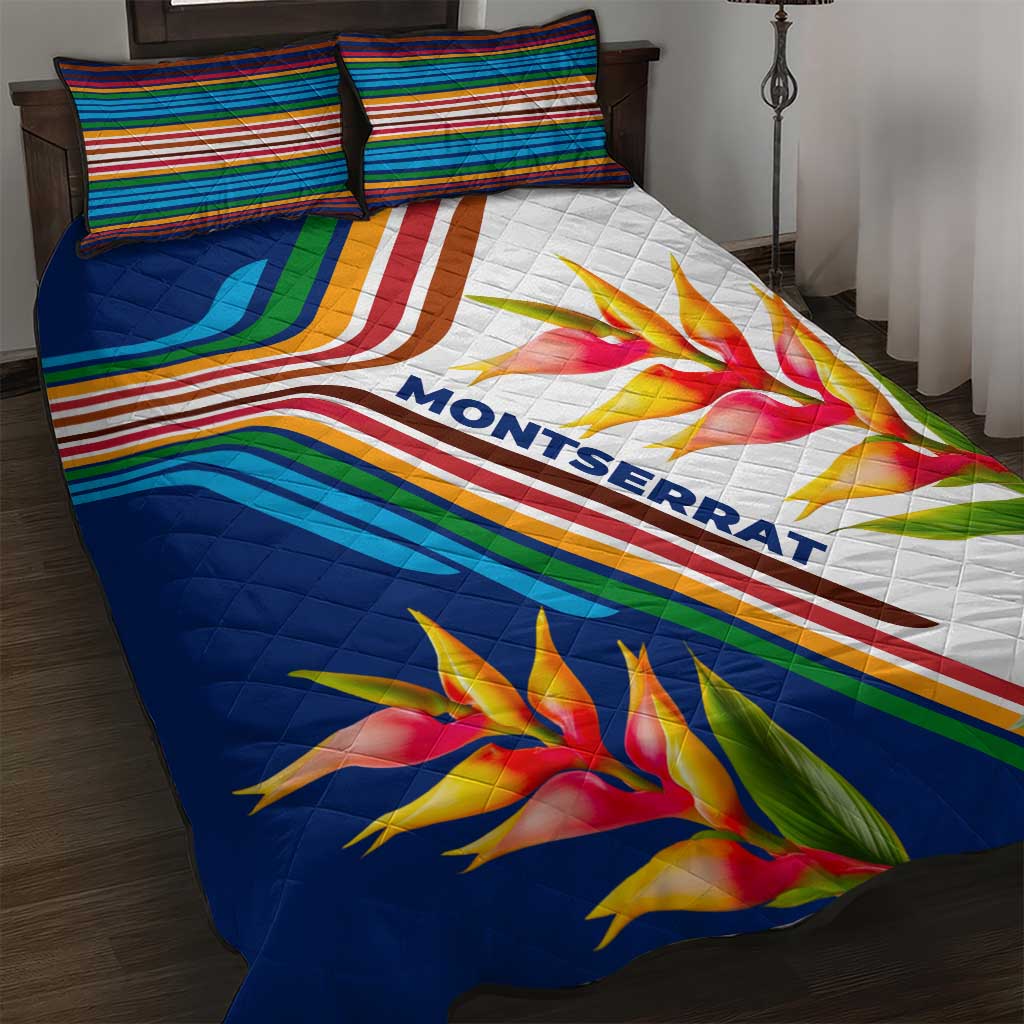 Montserrat Quilt Bed Set with Heliconia Flower Illustration Colorful Retro Stripe Design - Wonder Print Shop