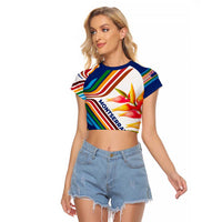 Montserrat Raglan Cropped T Shirt with Heliconia Flower Illustration Colorful Retro Stripe Design - Wonder Print Shop