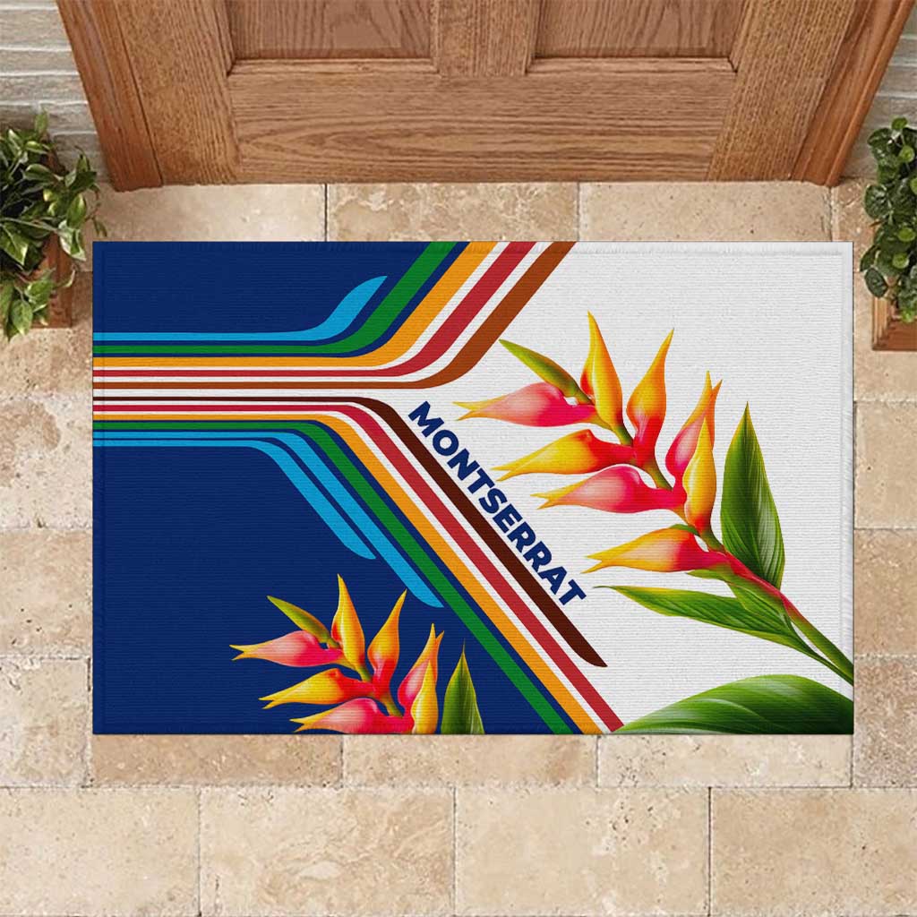 Montserrat Rubber Doormat with Heliconia Flower Illustration Colorful Retro Stripe Design - Wonder Print Shop