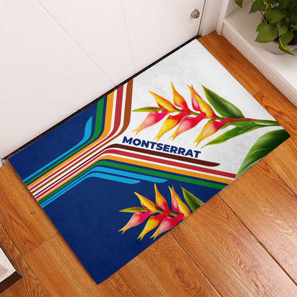 Montserrat Rubber Doormat with Heliconia Flower Illustration Colorful Retro Stripe Design - Wonder Print Shop