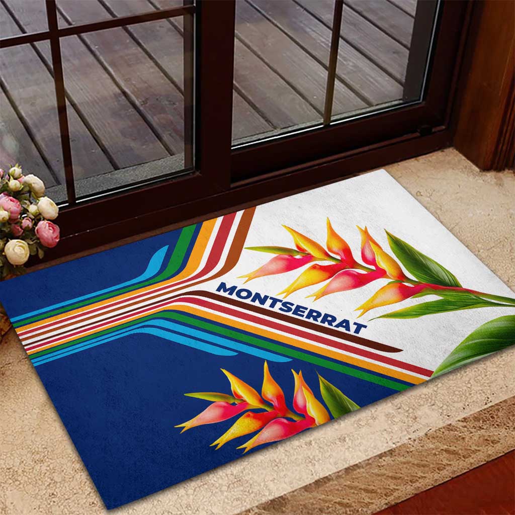 Montserrat Rubber Doormat with Heliconia Flower Illustration Colorful Retro Stripe Design - Wonder Print Shop