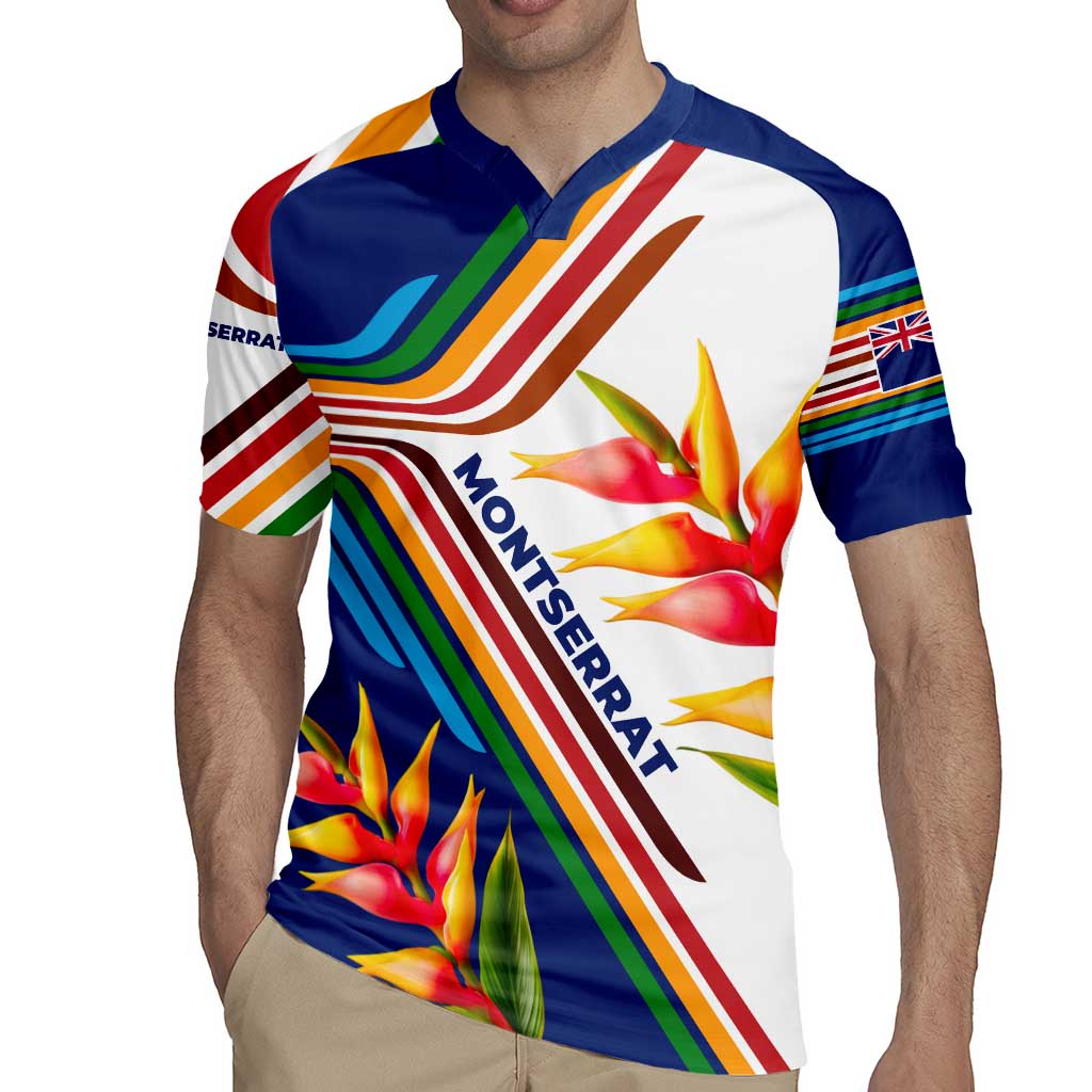 Montserrat Rugby Jersey with Heliconia Flower Illustration Colorful Retro Stripe Design - Wonder Print Shop