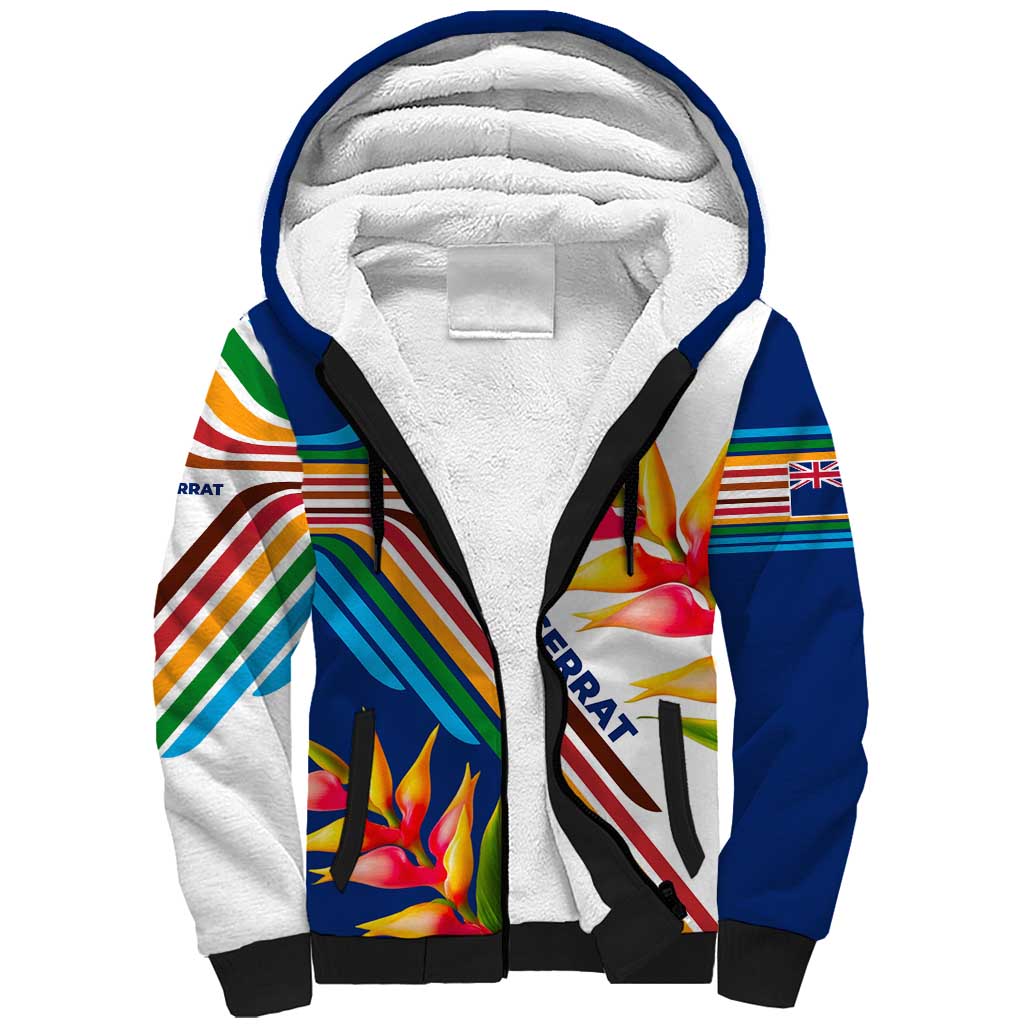 Montserrat Sherpa Hoodie with Heliconia Flower Illustration Colorful Retro Stripe Design - Wonder Print Shop