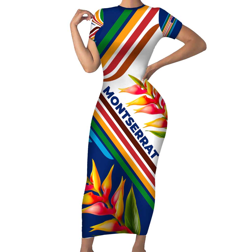 Montserrat Short Sleeve Bodycon Dress with Heliconia Flower Illustration Colorful Retro Stripe Design - Wonder Print Shop