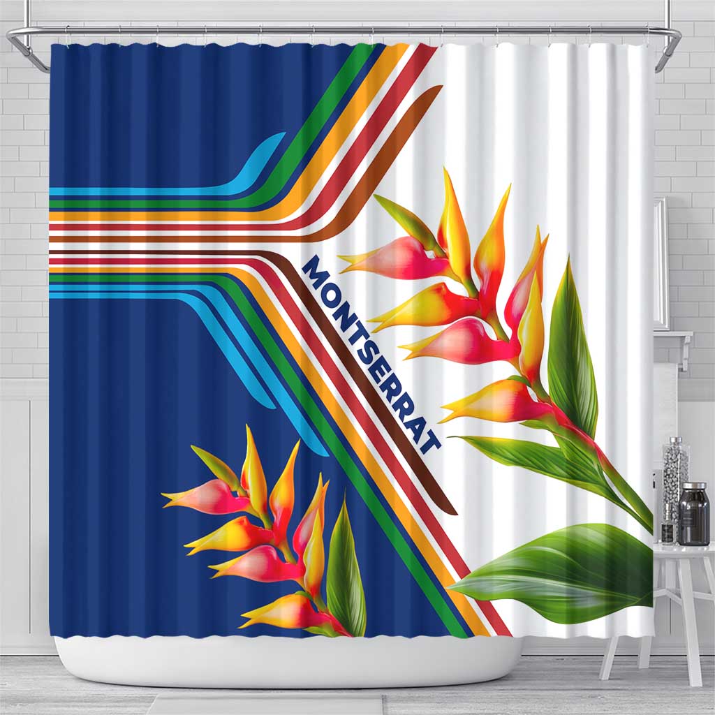 Montserrat Shower Curtain with Heliconia Flower Illustration Colorful Retro Stripe Design - Wonder Print Shop