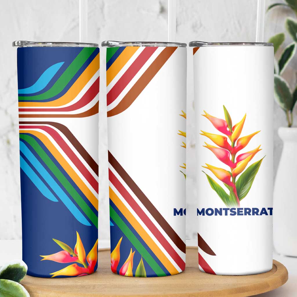 Montserrat Skinny Tumbler with Heliconia Flower Illustration Colorful Retro Stripe Design - Wonder Print Shop