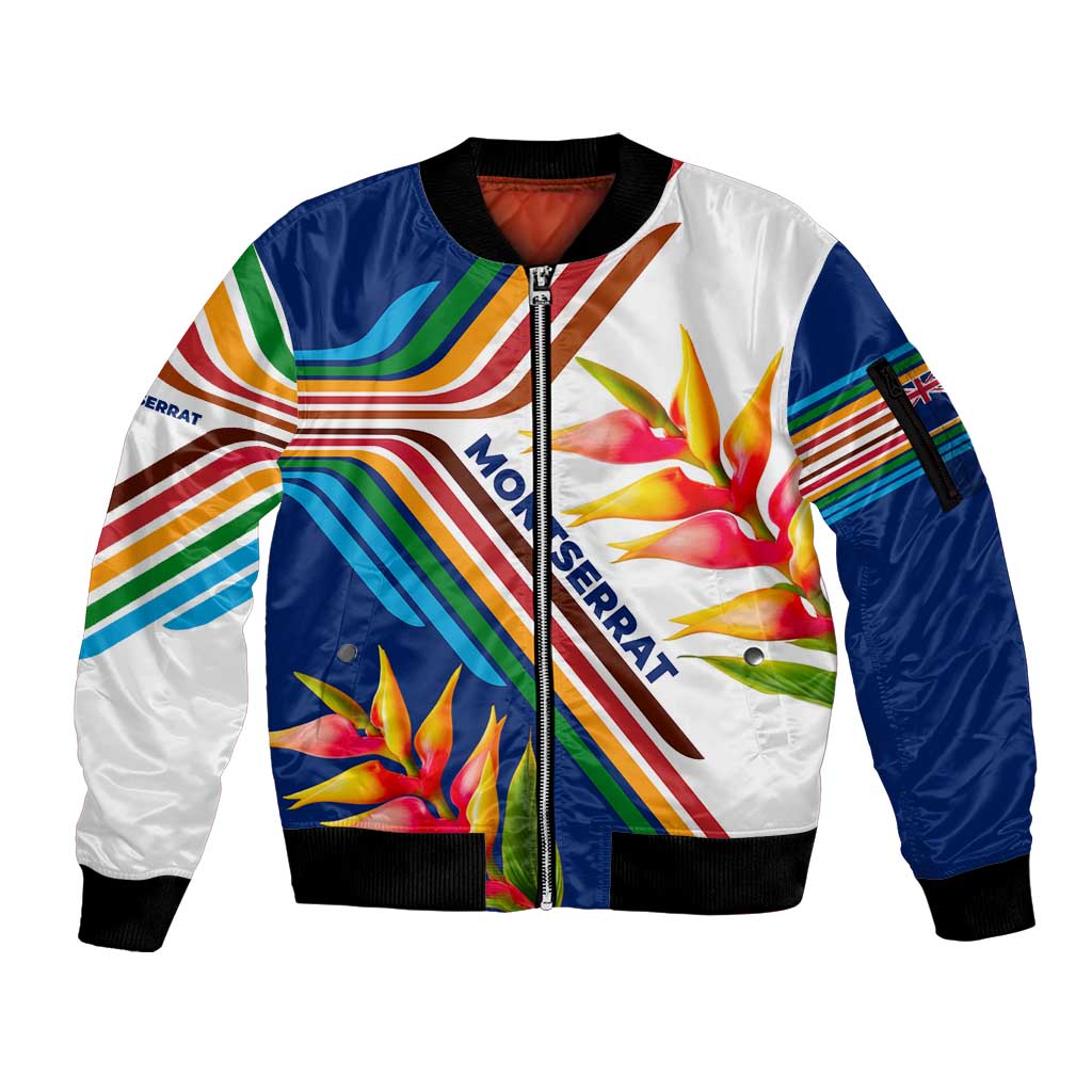 Montserrat Sleeve Zip Bomber Jacket with Heliconia Flower Illustration Colorful Retro Stripe Design - Wonder Print Shop