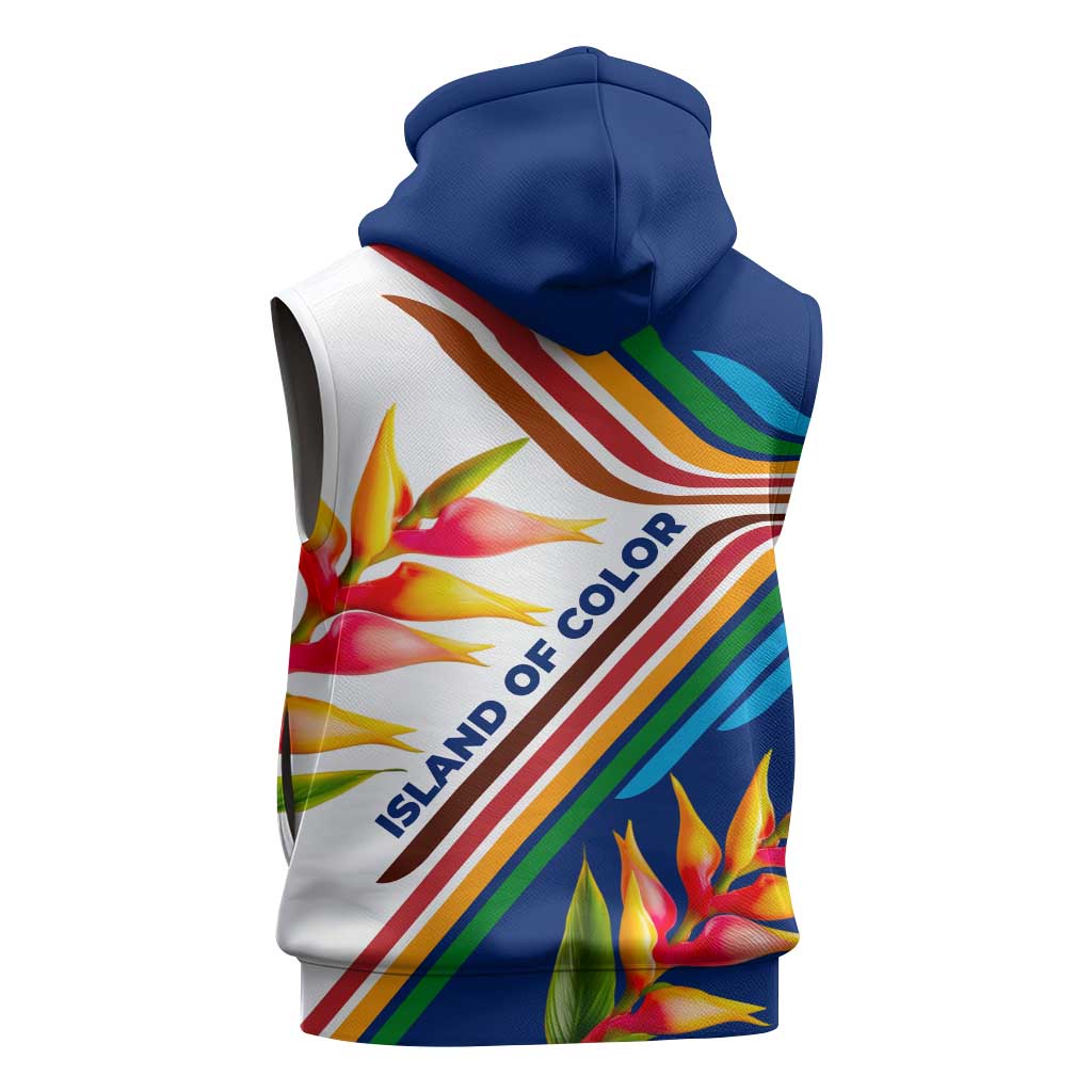 Montserrat Sleeveless Hoodie with Heliconia Flower Illustration Colorful Retro Stripe Design - Wonder Print Shop