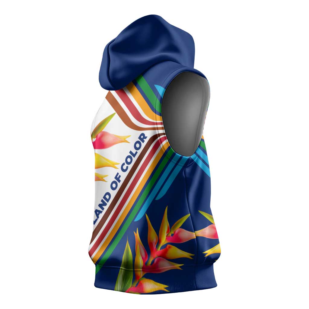 Montserrat Sleeveless Hoodie with Heliconia Flower Illustration Colorful Retro Stripe Design - Wonder Print Shop