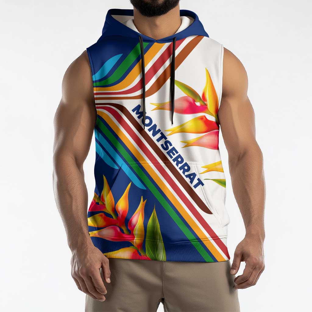 Montserrat Sleeveless Hoodie with Heliconia Flower Illustration Colorful Retro Stripe Design - Wonder Print Shop