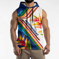 Montserrat Sleeveless Hoodie with Heliconia Flower Illustration Colorful Retro Stripe Design - Wonder Print Shop