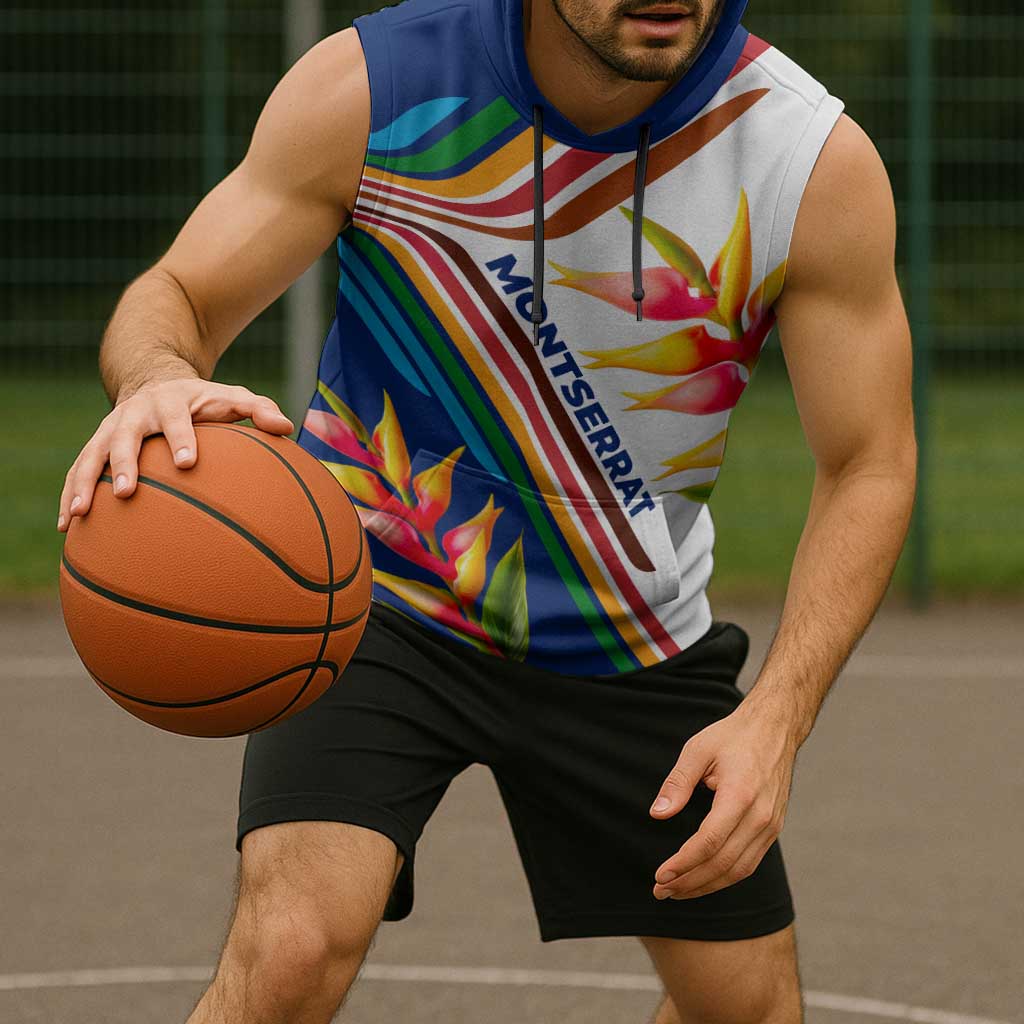 Montserrat Sleeveless Hoodie with Heliconia Flower Illustration Colorful Retro Stripe Design - Wonder Print Shop