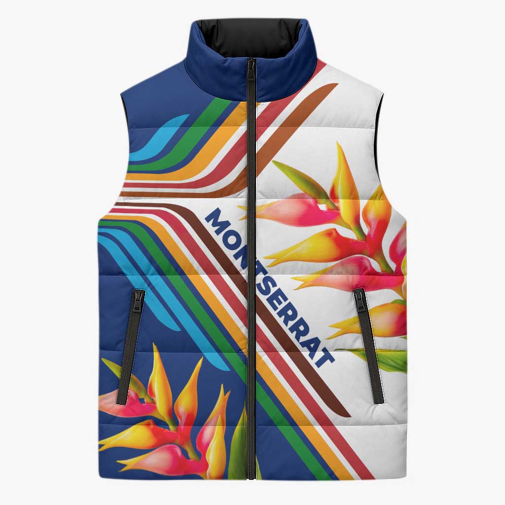 Montserrat Sleeveless Puffer Jacket with Heliconia Flower Illustration Colorful Retro Stripe Design - Wonder Print Shop