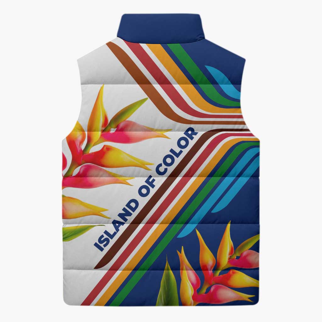 Montserrat Sleeveless Puffer Jacket with Heliconia Flower Illustration Colorful Retro Stripe Design - Wonder Print Shop