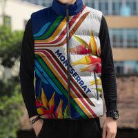 Montserrat Sleeveless Puffer Jacket with Heliconia Flower Illustration Colorful Retro Stripe Design - Wonder Print Shop