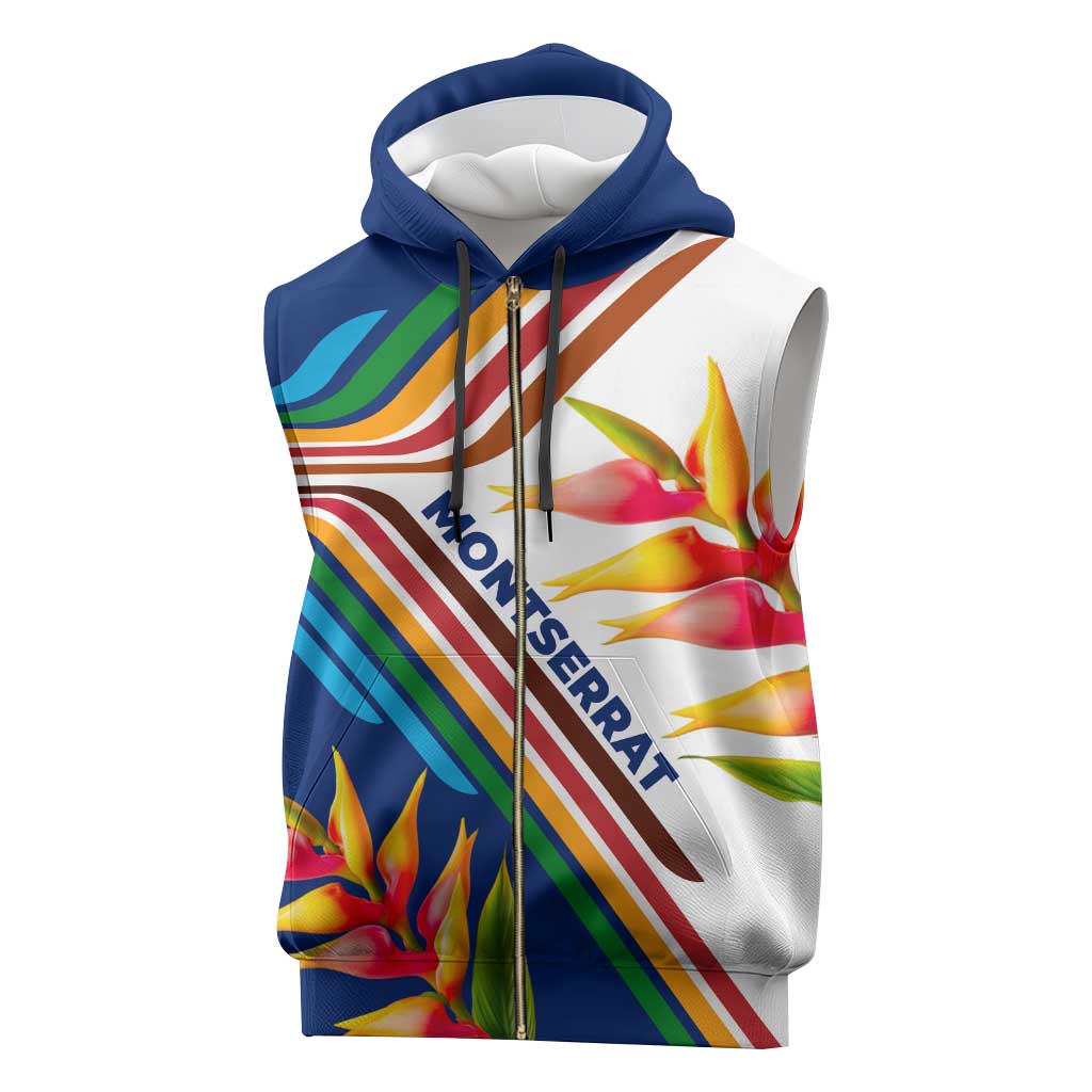 Montserrat Sleeveless Zip Hoodie with Heliconia Flower Illustration Colorful Retro Stripe Design - Wonder Print Shop