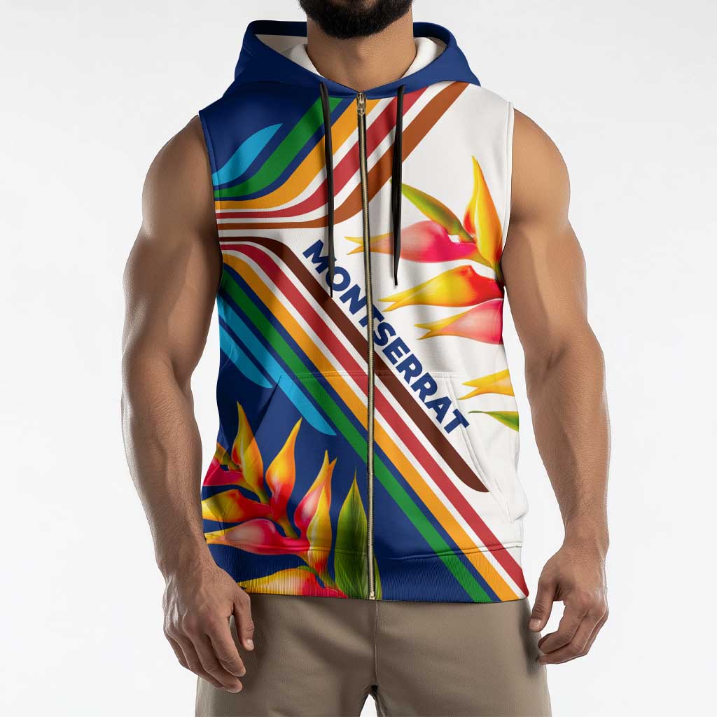 Montserrat Sleeveless Zip Hoodie with Heliconia Flower Illustration Colorful Retro Stripe Design - Wonder Print Shop