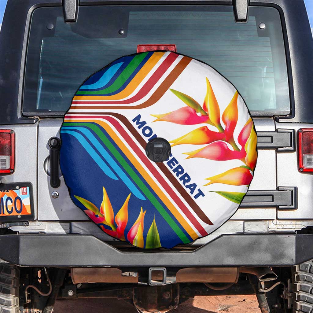 Montserrat Spare Tire Cover with Heliconia Flower Illustration Colorful Retro Stripe Design - Wonder Print Shop