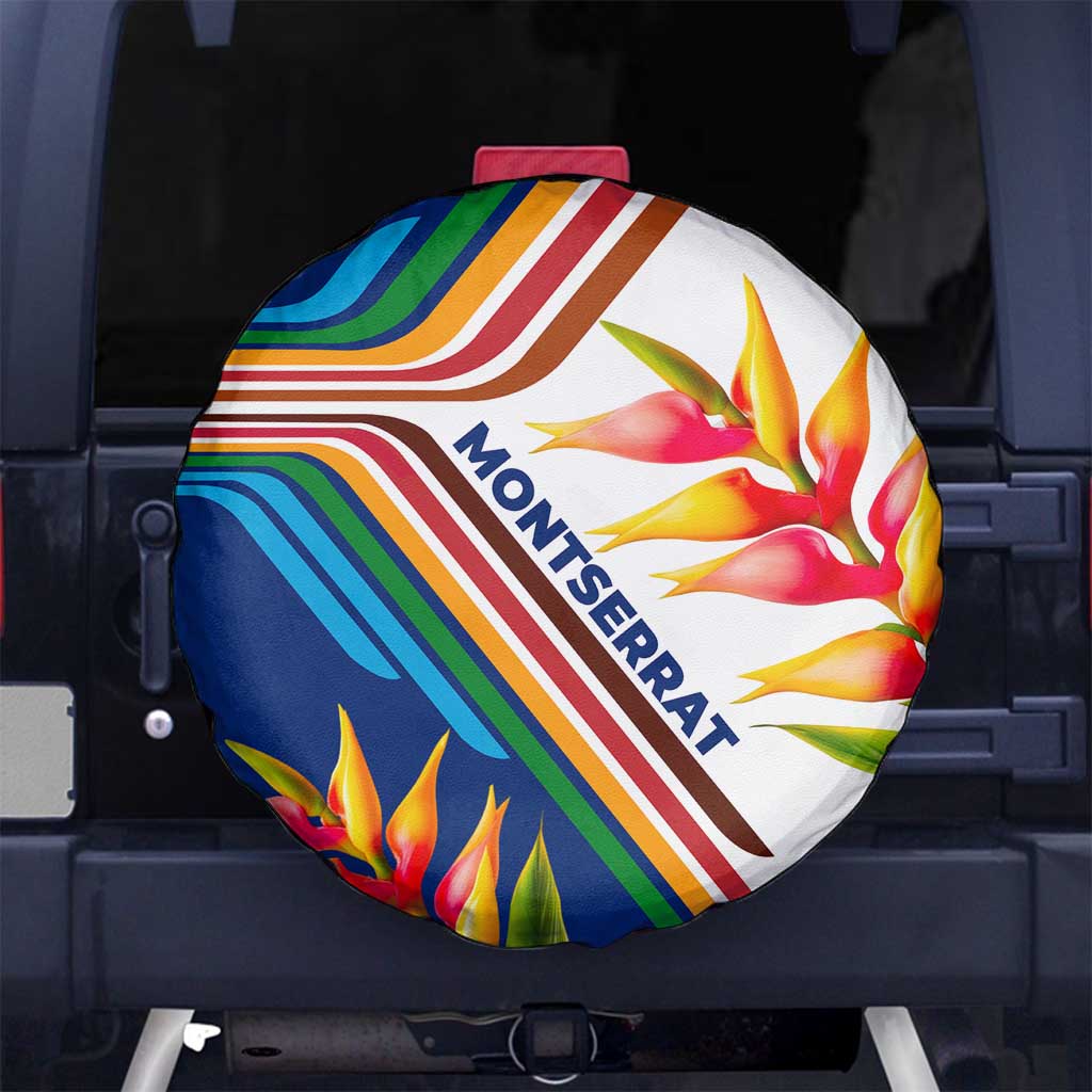 Montserrat Spare Tire Cover with Heliconia Flower Illustration Colorful Retro Stripe Design - Wonder Print Shop