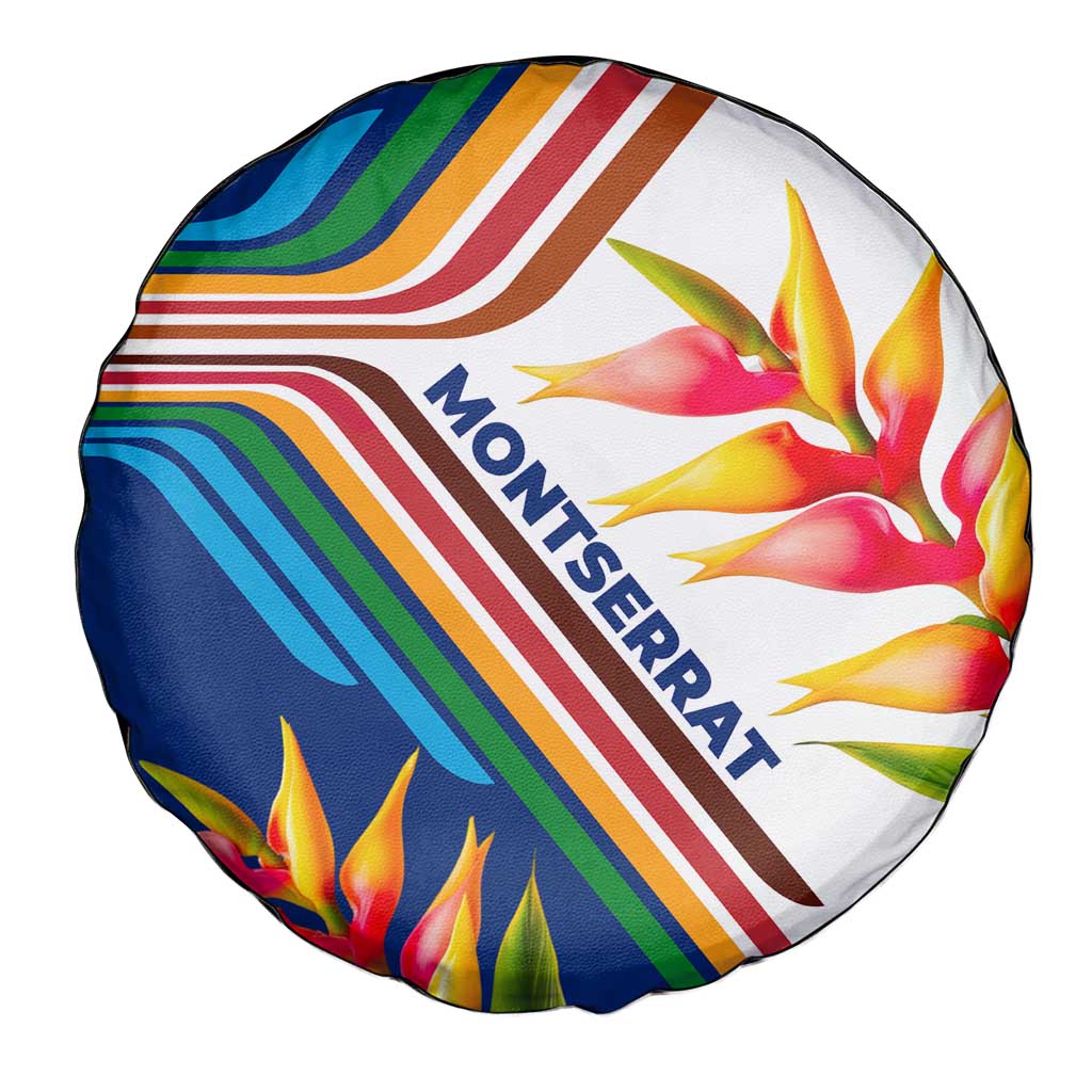Montserrat Spare Tire Cover with Heliconia Flower Illustration Colorful Retro Stripe Design - Wonder Print Shop