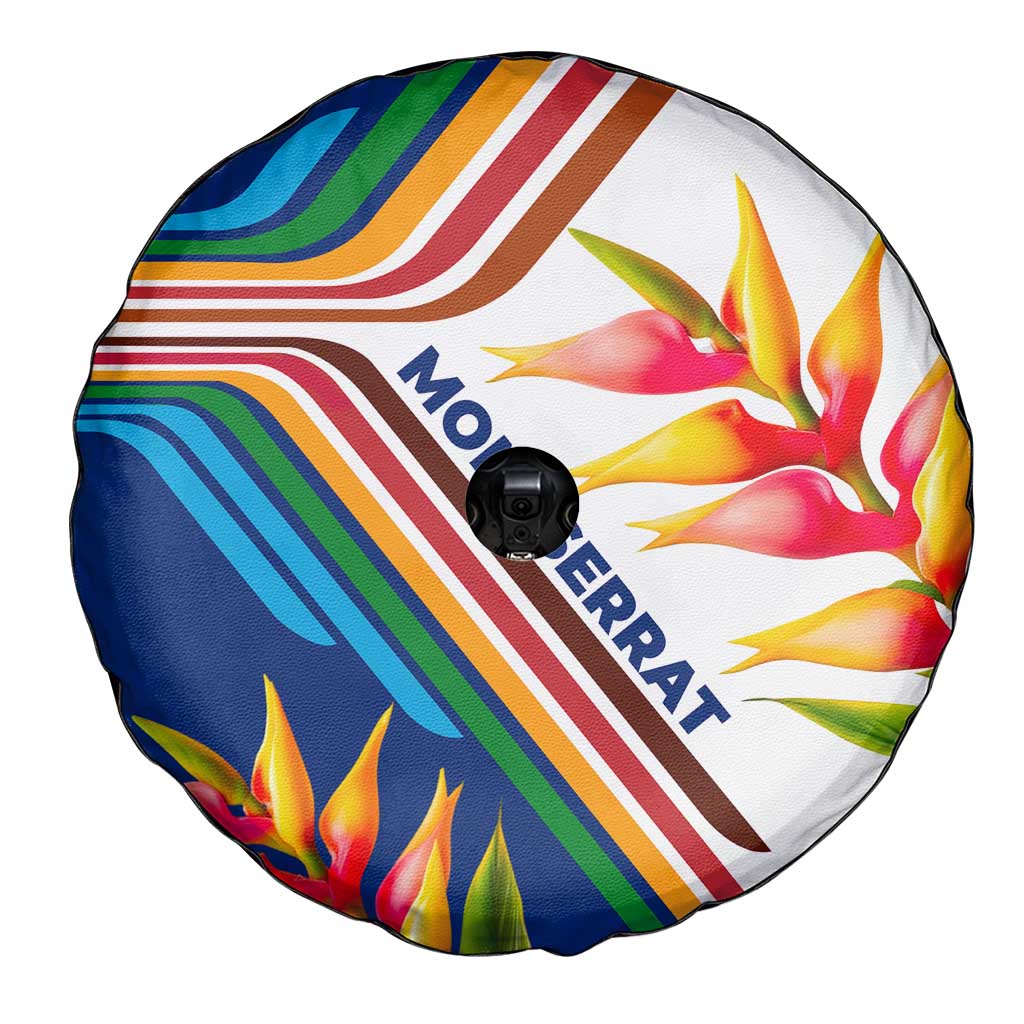 Montserrat Spare Tire Cover with Heliconia Flower Illustration Colorful Retro Stripe Design - Wonder Print Shop