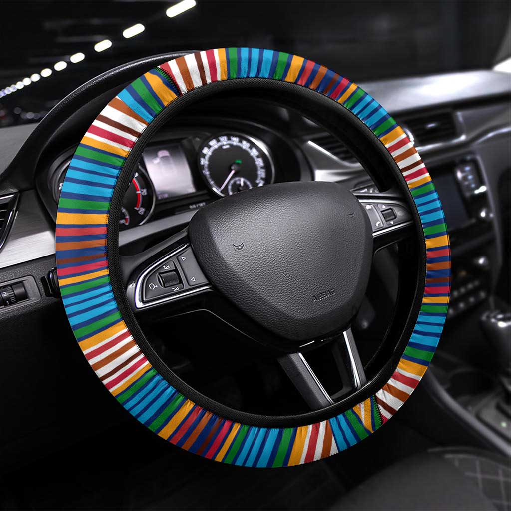 Montserrat Steering Wheel Cover with Heliconia Flower Illustration Colorful Retro Stripe Design - Wonder Print Shop