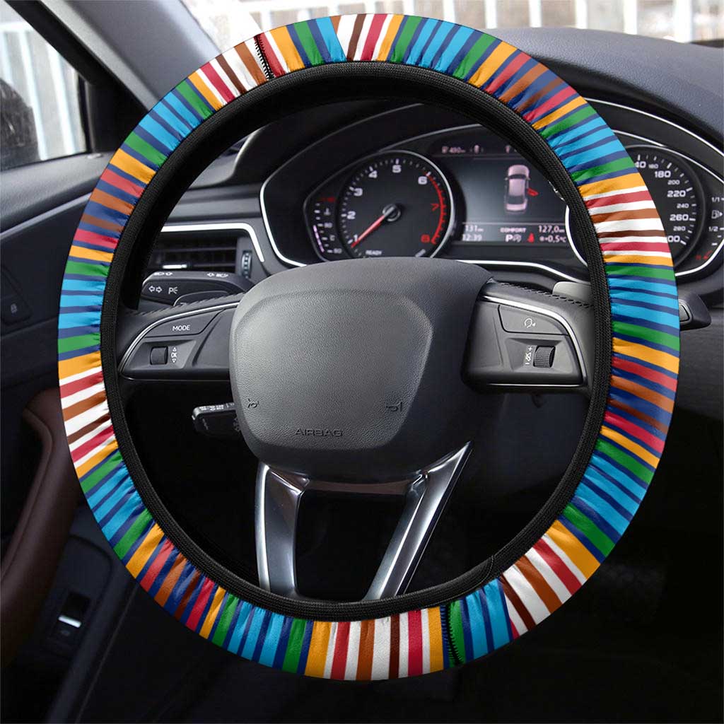 Montserrat Steering Wheel Cover with Heliconia Flower Illustration Colorful Retro Stripe Design - Wonder Print Shop