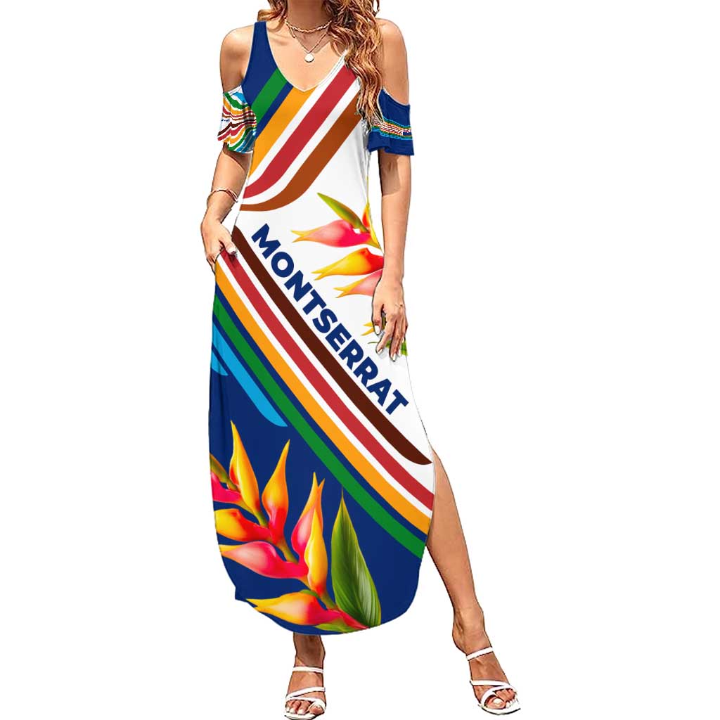 Montserrat Summer Maxi Dress with Heliconia Flower Illustration Colorful Retro Stripe Design - Wonder Print Shop