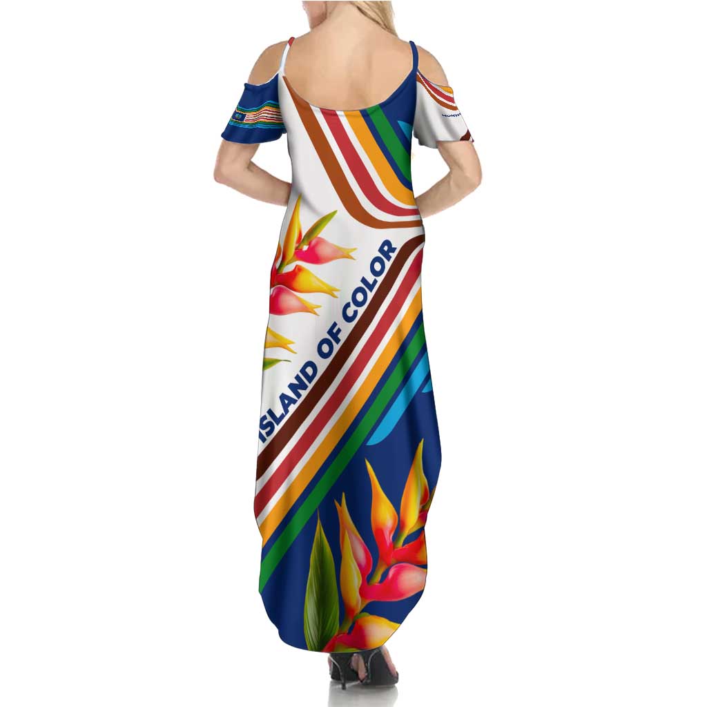 Montserrat Summer Maxi Dress with Heliconia Flower Illustration Colorful Retro Stripe Design - Wonder Print Shop