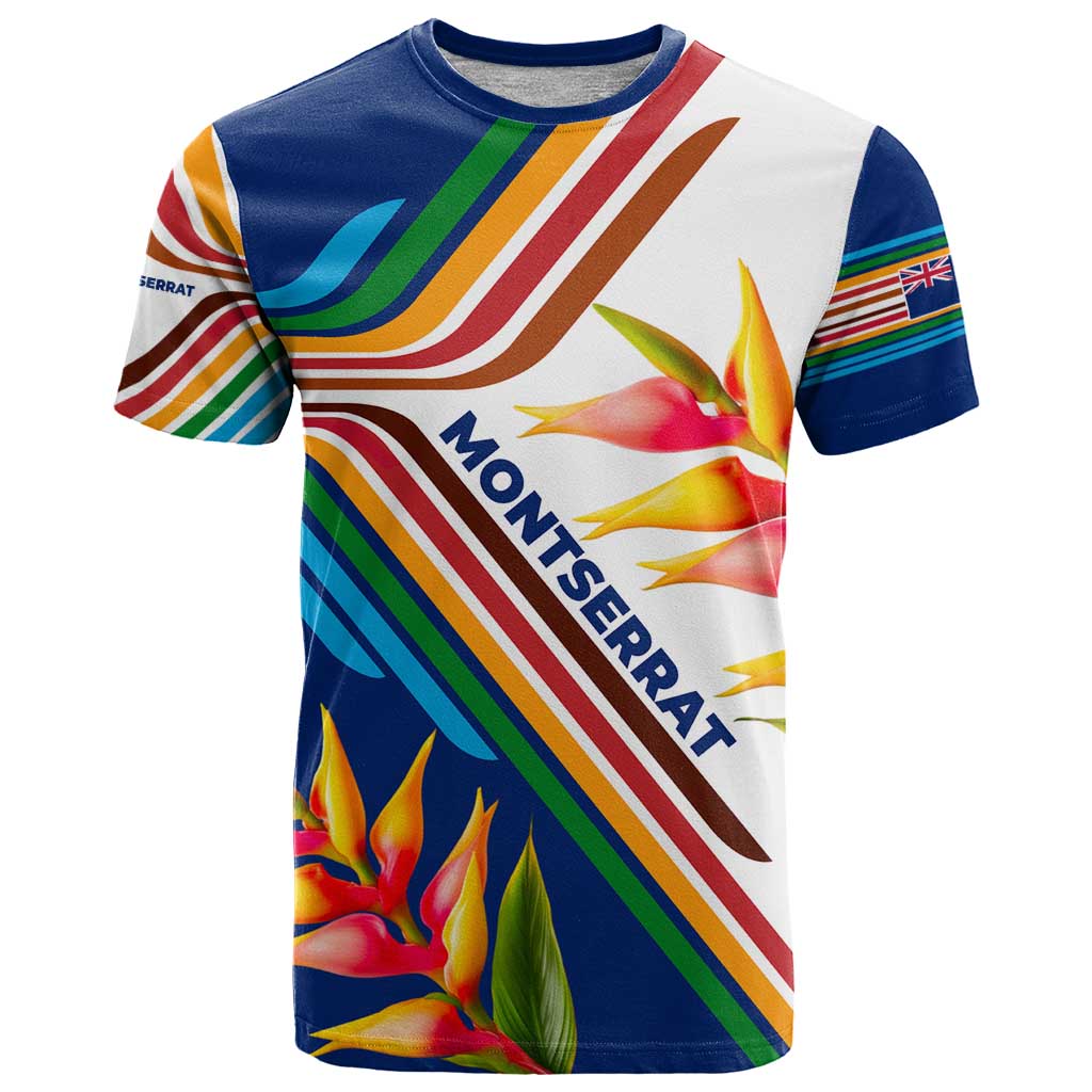 Montserrat T Shirt with Heliconia Flower Illustration Colorful Retro Stripe Design - Wonder Print Shop