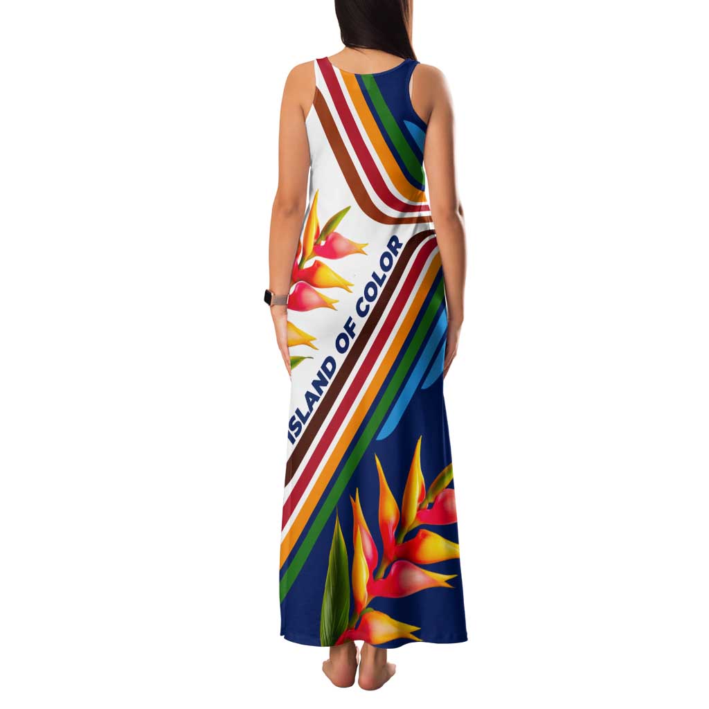 Montserrat Tank Maxi Dress with Heliconia Flower Illustration Colorful Retro Stripe Design - Wonder Print Shop