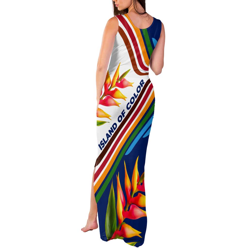 Montserrat Tank Maxi Dress with Heliconia Flower Illustration Colorful Retro Stripe Design - Wonder Print Shop
