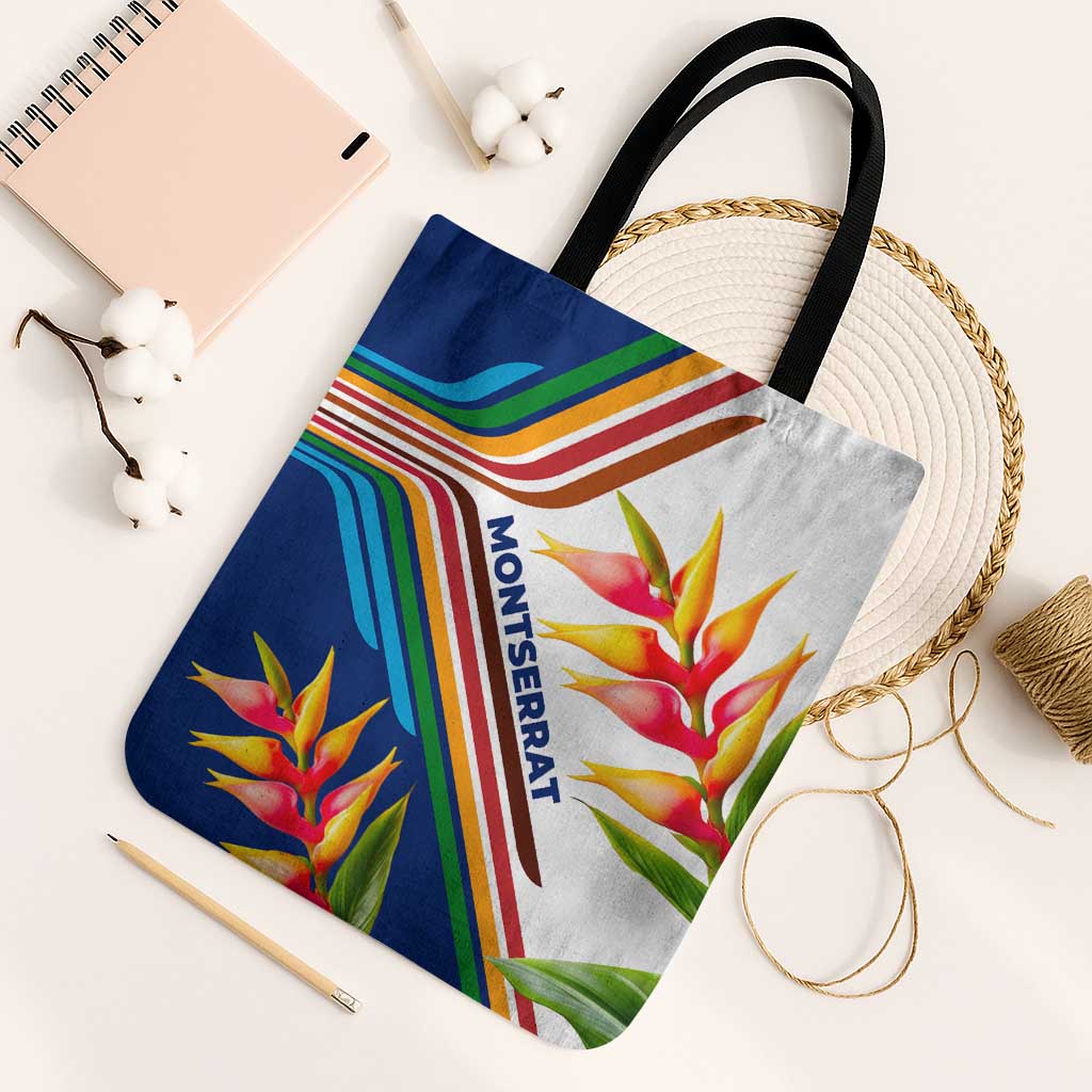 Montserrat Tote Bag with Heliconia Flower Illustration Colorful Retro Stripe Design - Wonder Print Shop