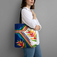 Montserrat Tote Bag with Heliconia Flower Illustration Colorful Retro Stripe Design - Wonder Print Shop