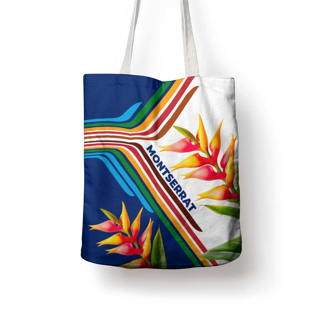 Montserrat Tote Bag with Heliconia Flower Illustration Colorful Retro Stripe Design - Wonder Print Shop