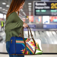 Montserrat Travel Bag with Heliconia Flower Illustration Colorful Retro Stripe Design - Wonder Print Shop