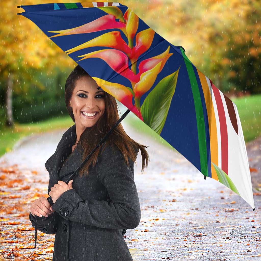 Montserrat Umbrella with Heliconia Flower Illustration Colorful Retro Stripe Design - Wonder Print Shop