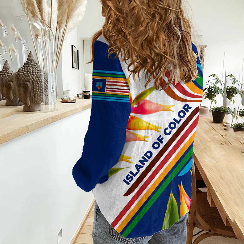 Montserrat Women Casual Shirt with Heliconia Flower Illustration Colorful Retro Stripe Design - Wonder Print Shop