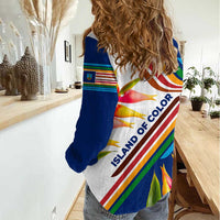 Montserrat Women Casual Shirt with Heliconia Flower Illustration Colorful Retro Stripe Design - Wonder Print Shop