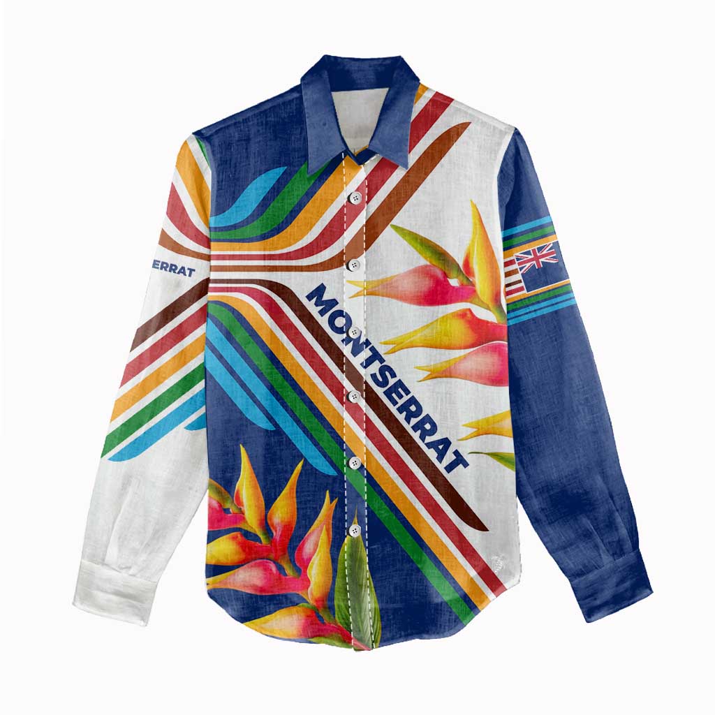 Montserrat Women Casual Shirt with Heliconia Flower Illustration Colorful Retro Stripe Design - Wonder Print Shop