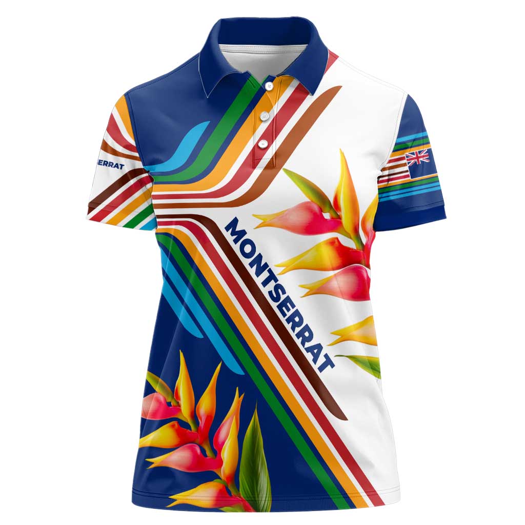 Montserrat Women Polo Shirt with Heliconia Flower Illustration Colorful Retro Stripe Design - Wonder Print Shop