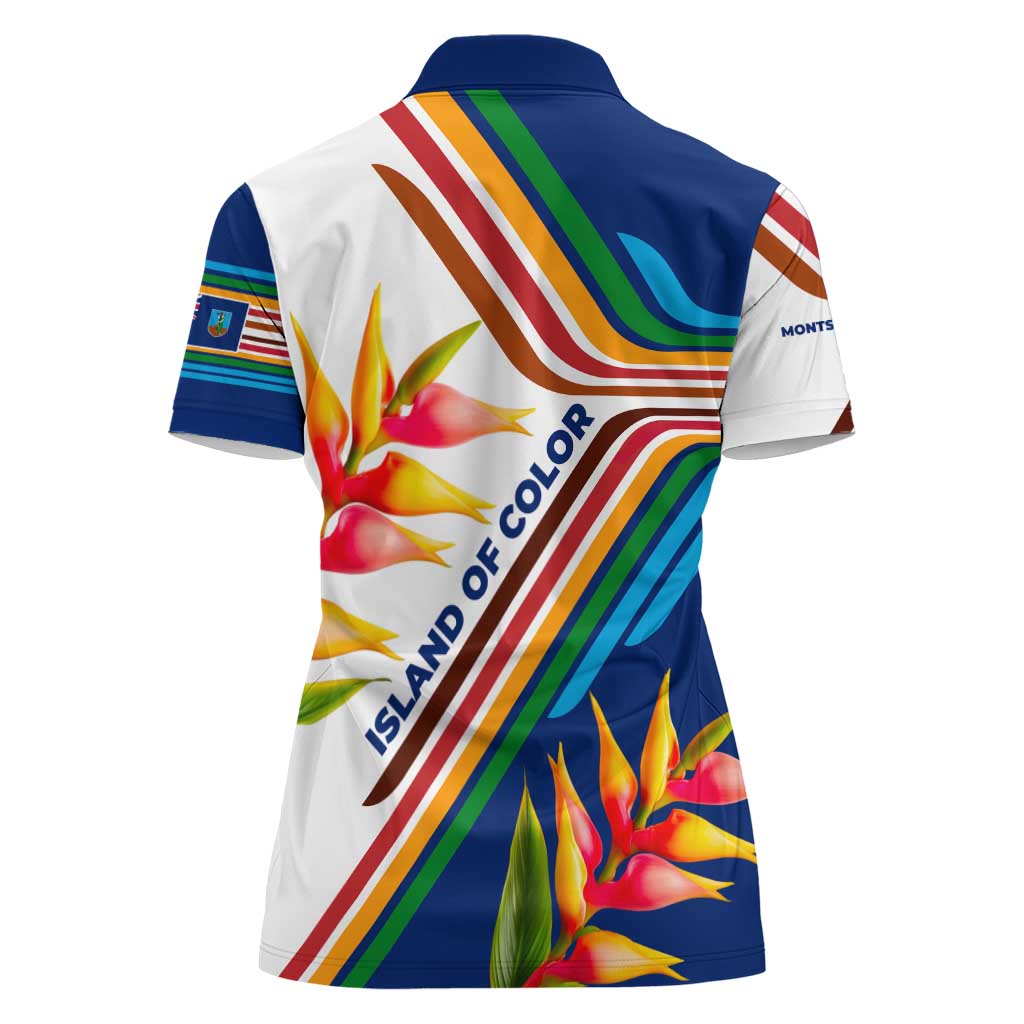 Montserrat Women Polo Shirt with Heliconia Flower Illustration Colorful Retro Stripe Design - Wonder Print Shop