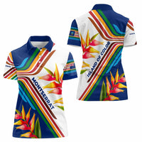 Montserrat Women Polo Shirt with Heliconia Flower Illustration Colorful Retro Stripe Design - Wonder Print Shop