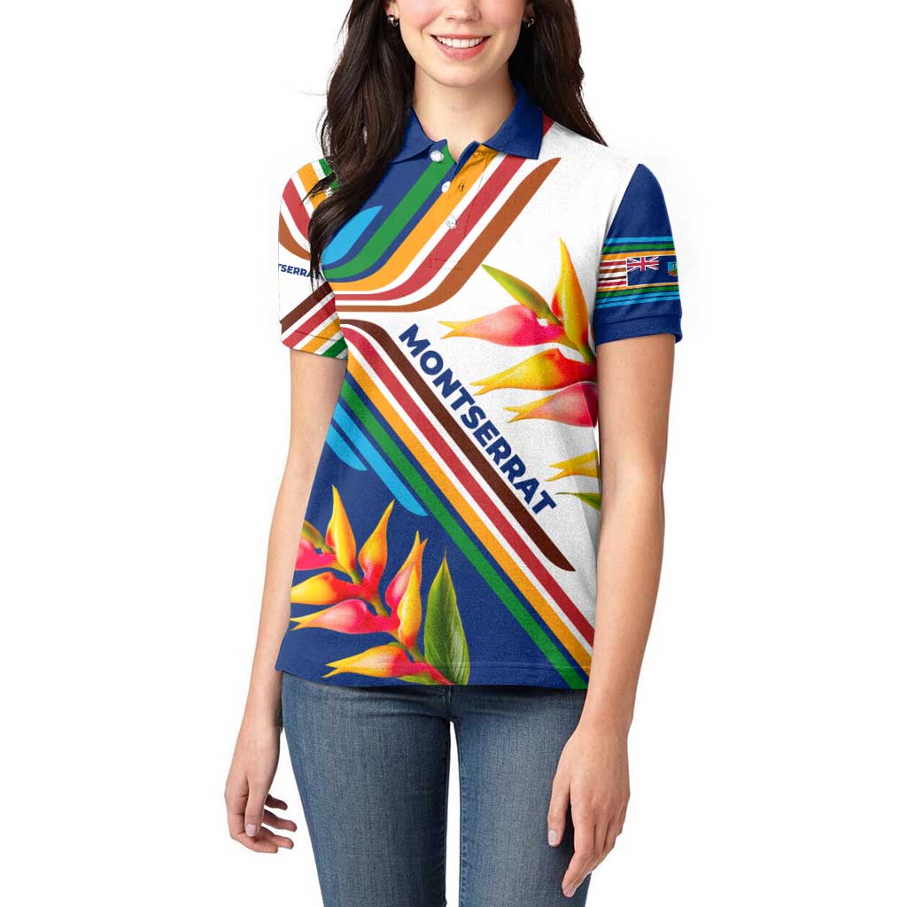 Montserrat Women Polo Shirt with Heliconia Flower Illustration Colorful Retro Stripe Design - Wonder Print Shop