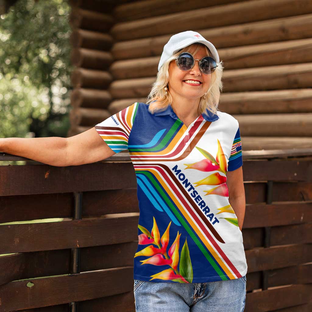 Montserrat Women Polo Shirt with Heliconia Flower Illustration Colorful Retro Stripe Design - Wonder Print Shop