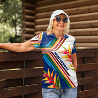 Montserrat Women Polo Shirt with Heliconia Flower Illustration Colorful Retro Stripe Design - Wonder Print Shop