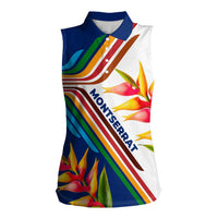 Montserrat Women Sleeveless Polo Shirt with Heliconia Flower Illustration Colorful Retro Stripe Design - Wonder Print Shop