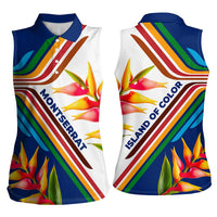 Montserrat Women Sleeveless Polo Shirt with Heliconia Flower Illustration Colorful Retro Stripe Design - Wonder Print Shop