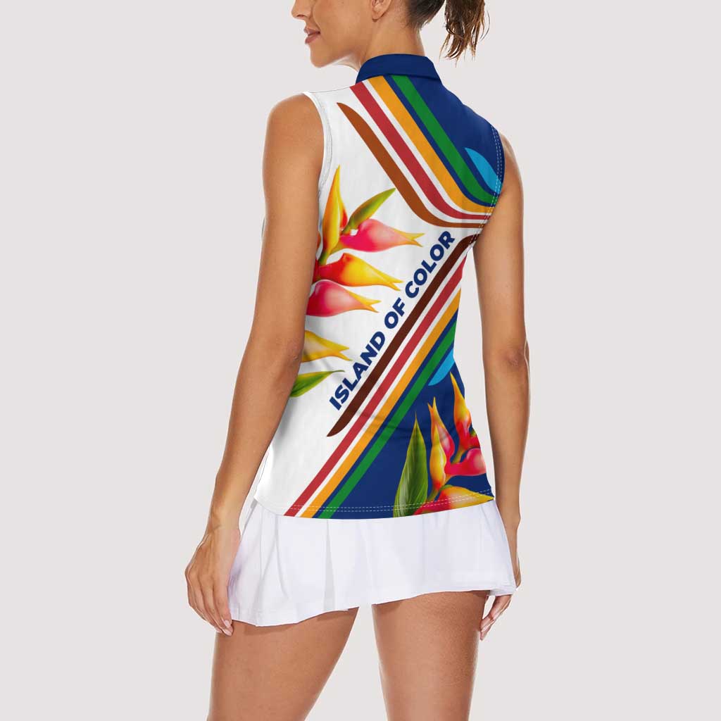Montserrat Women Sleeveless Polo Shirt with Heliconia Flower Illustration Colorful Retro Stripe Design - Wonder Print Shop